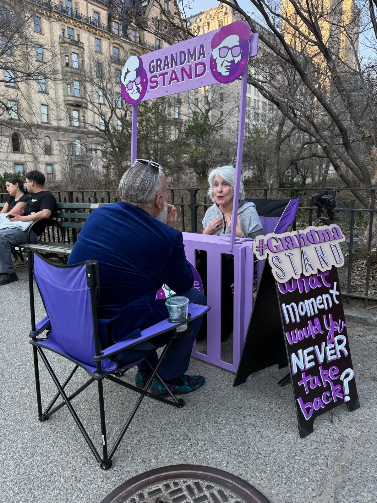 A grandma in an animated conversation in Central Park